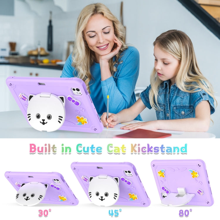 For iPad Pro 11 2025 / 2024 Cat Holder Silicone Hybrid PC Tablet Case with Strap(Purple) by bashfashion