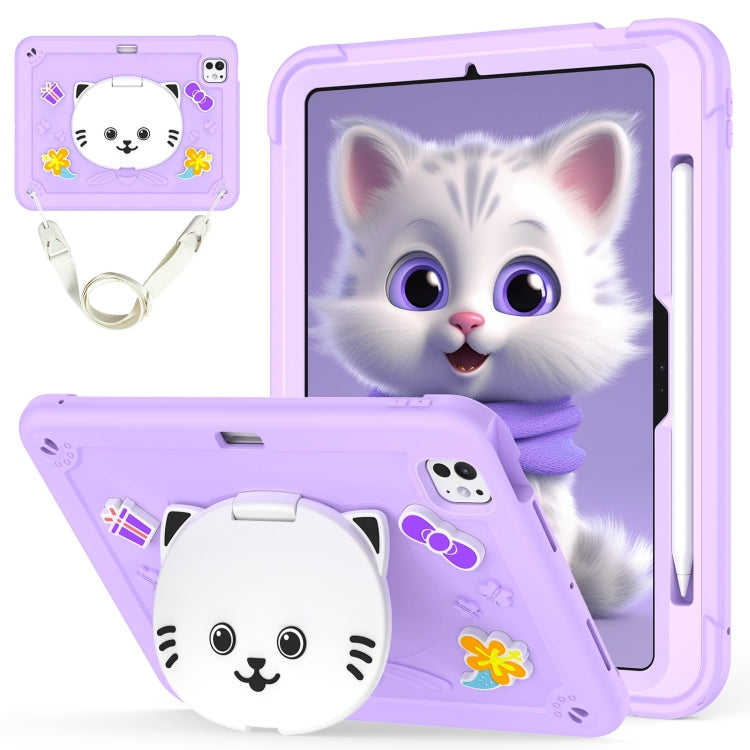 For iPad Pro 11 2025 / 2024 Cat Holder Silicone Hybrid PC Tablet Case with Strap(Purple) by bashfashion