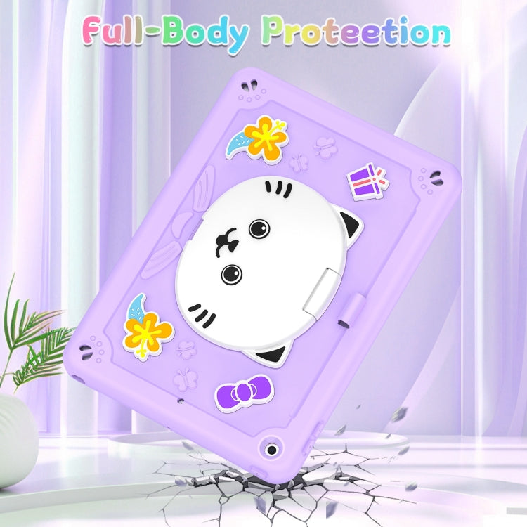 For iPad 10.2 2021 / 2020 / 2019 Cat Holder Silicone Hybrid PC Tablet Case with Strap(Purple) by bashfashion
