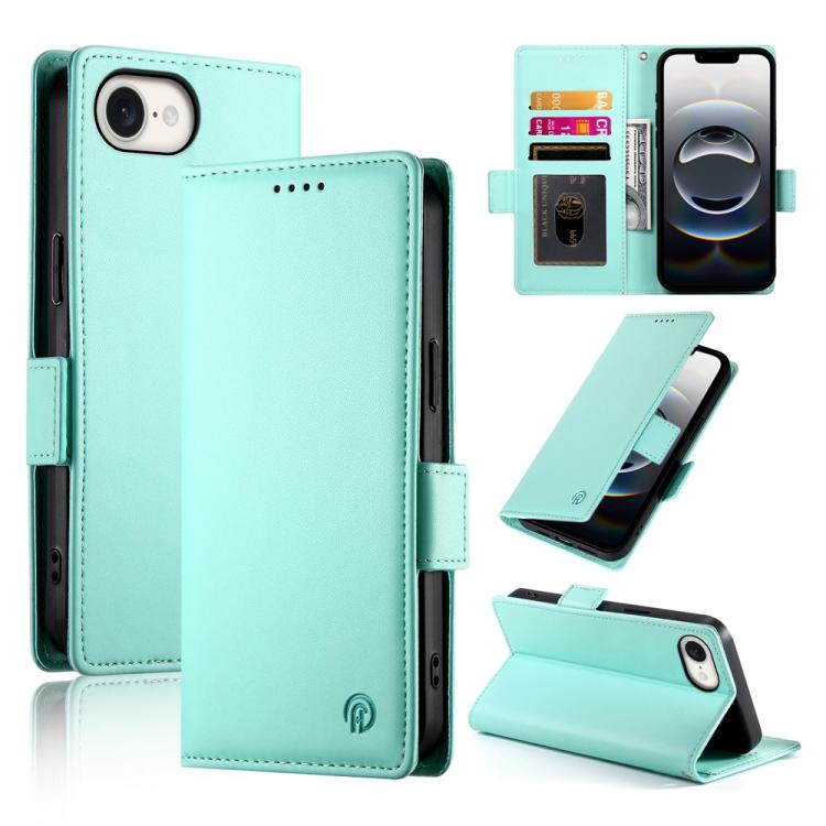 For iPhone 16e Side Buckle Magnetic Frosted Leather Phone Case(Mint Green) by bashfashion
