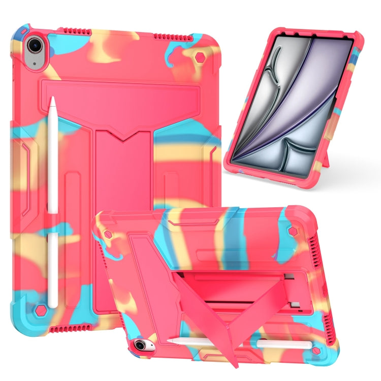 For iPad Air 11 2025 / 2024 T Holder Robot Silicone Hybrid PC Tablet Case(Camouflage Rose Red) by bashfashion