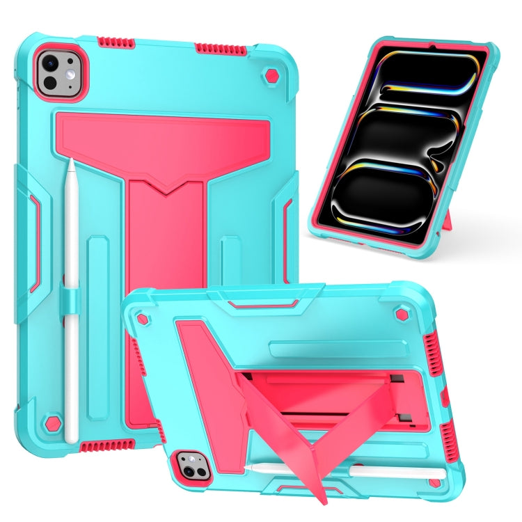 For iPad Pro 11 2025 / 2024 T Holder Robot Silicone Hybrid PC Tablet Case(Mint Rose Red) by bashfashion