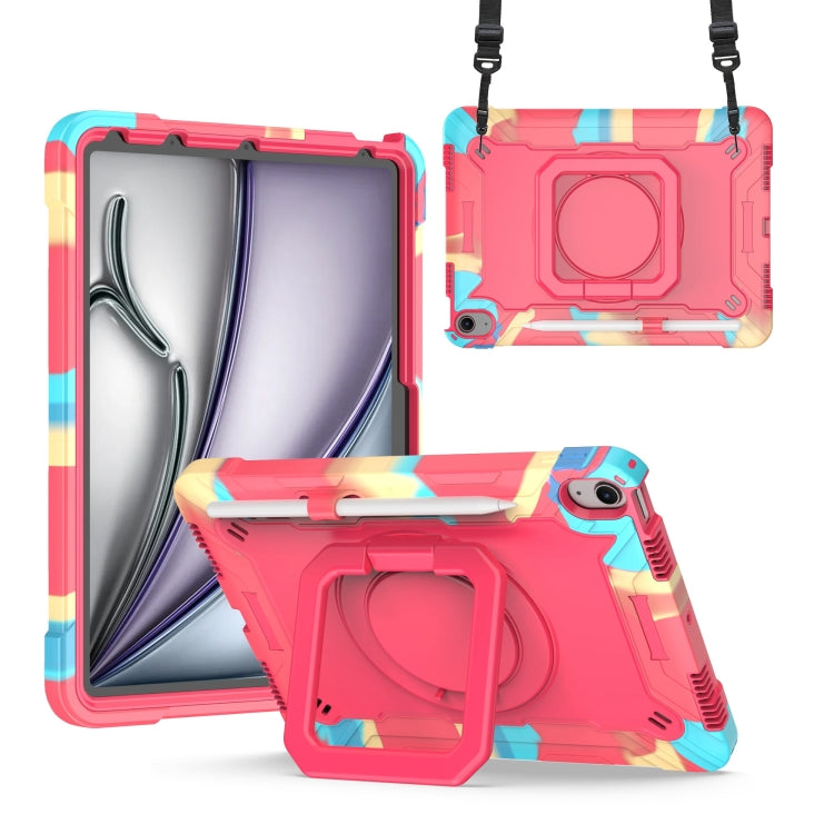 For iPad Air 11 2025 / 2024 Handle Grip Holder Silicone Hybrid PC Tablet Case with Strap(Camouflage Rose Red) by bashfashion