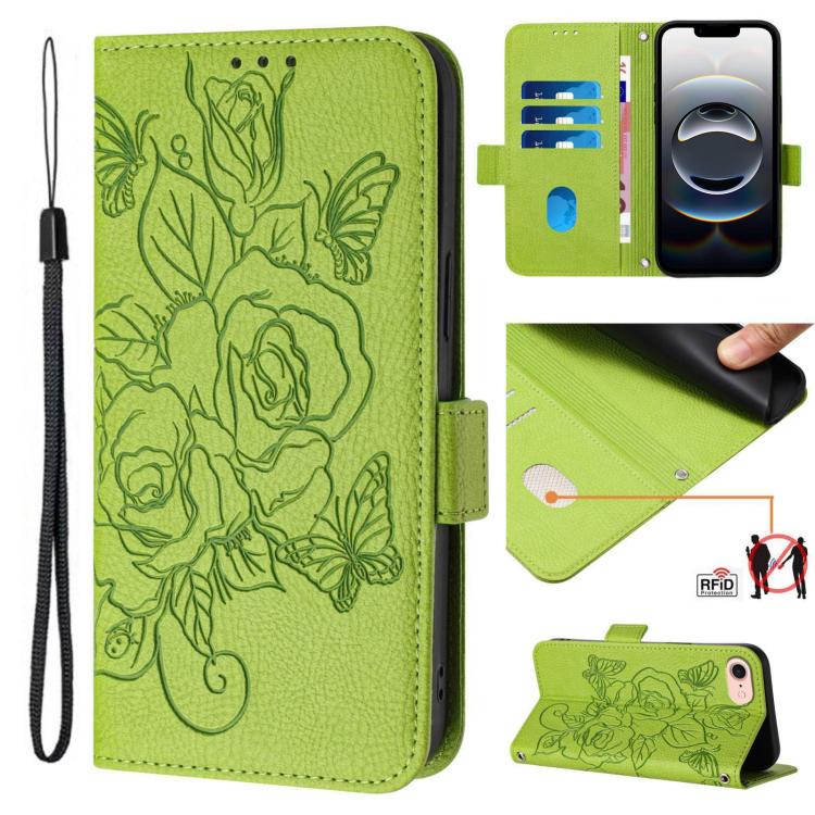 For iPhone SE 2024 Embossed Rose RFID Anti-theft Leather Phone Case(Green) by bashfashion