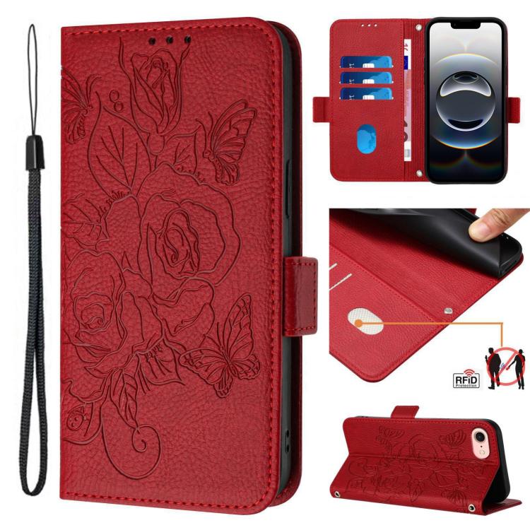 For iPhone SE 2024 Embossed Rose RFID Anti-theft Leather Phone Case(Red) by bashfashion