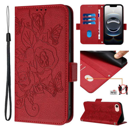 For iPhone SE 2024 Embossed Rose RFID Anti-theft Leather Phone Case(Red) by bashfashion