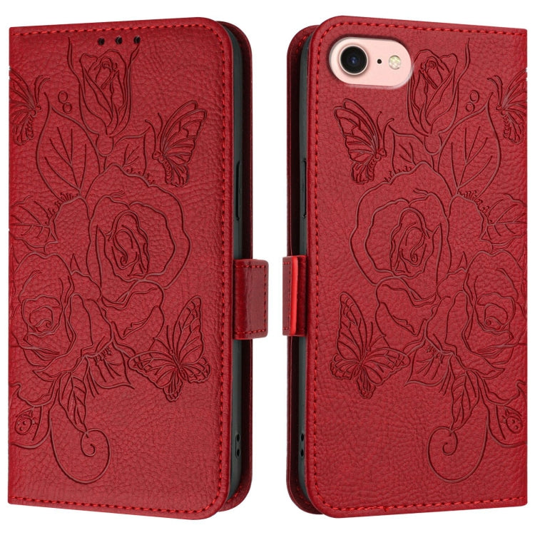 For iPhone SE 2024 Embossed Rose RFID Anti-theft Leather Phone Case(Red) by bashfashion