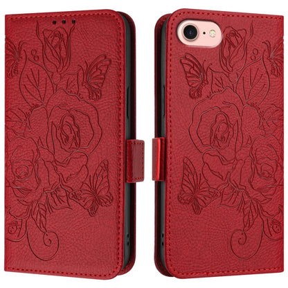 For iPhone SE 2024 Embossed Rose RFID Anti-theft Leather Phone Case(Red) by bashfashion