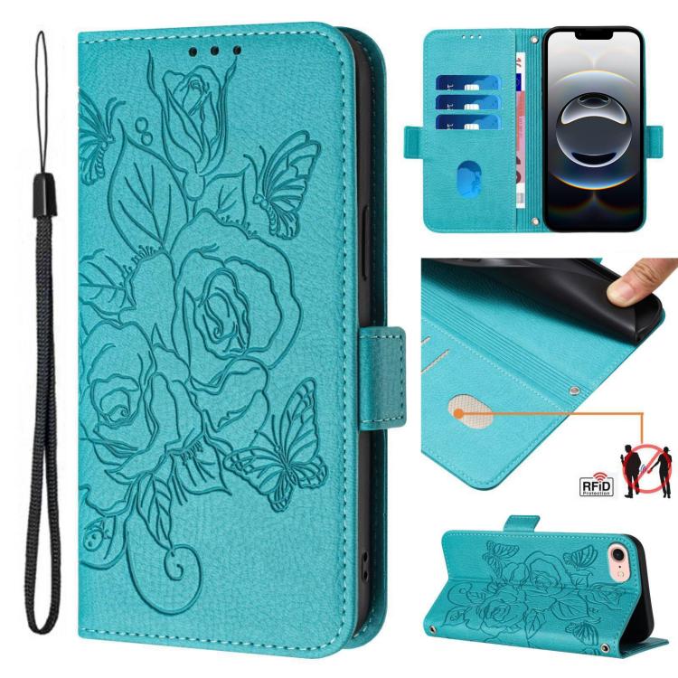 For iPhone SE 2024 Embossed Rose RFID Anti-theft Leather Phone Case(Light Blue) by bashfashion