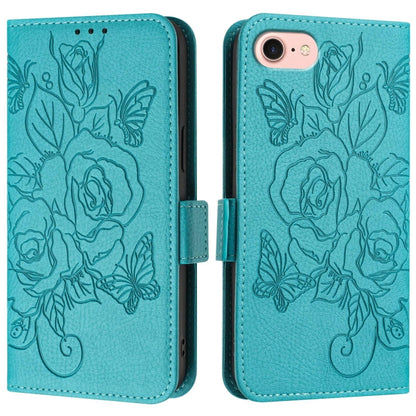 For iPhone SE 2024 Embossed Rose RFID Anti-theft Leather Phone Case(Light Blue) by bashfashion