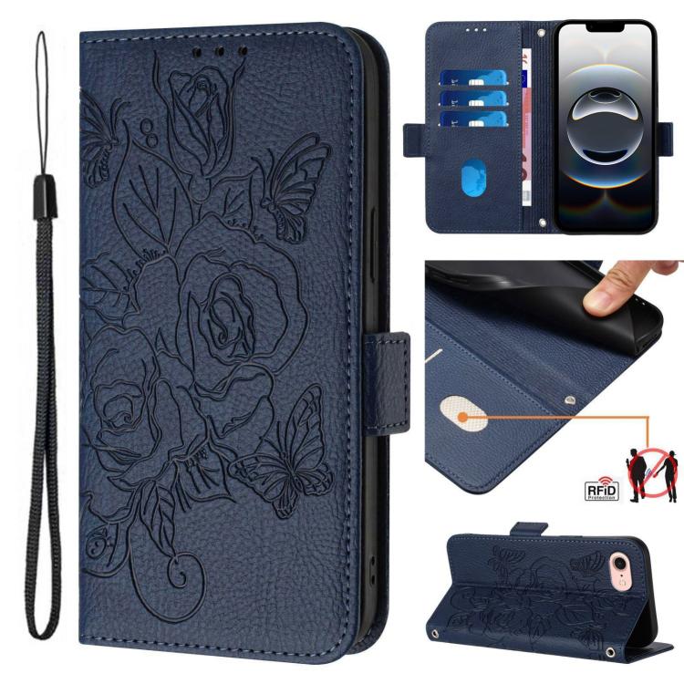 For iPhone SE 2024 Embossed Rose RFID Anti-theft Leather Phone Case(Dark Blue) by bashfashion