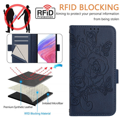 For iPhone SE 2024 Embossed Rose RFID Anti-theft Leather Phone Case(Dark Blue) by bashfashion