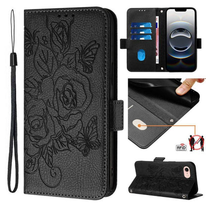 For iPhone SE 2024 Embossed Rose RFID Anti-theft Leather Phone Case(Black) by bashfashion