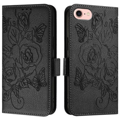 For iPhone SE 2024 Embossed Rose RFID Anti-theft Leather Phone Case(Black) by bashfashion