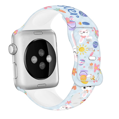 For Apple Watch SE 2022 44mm Butterfly Buckle Easter Printed Silicone Watch Band(Bunny Blue) by bashfashion