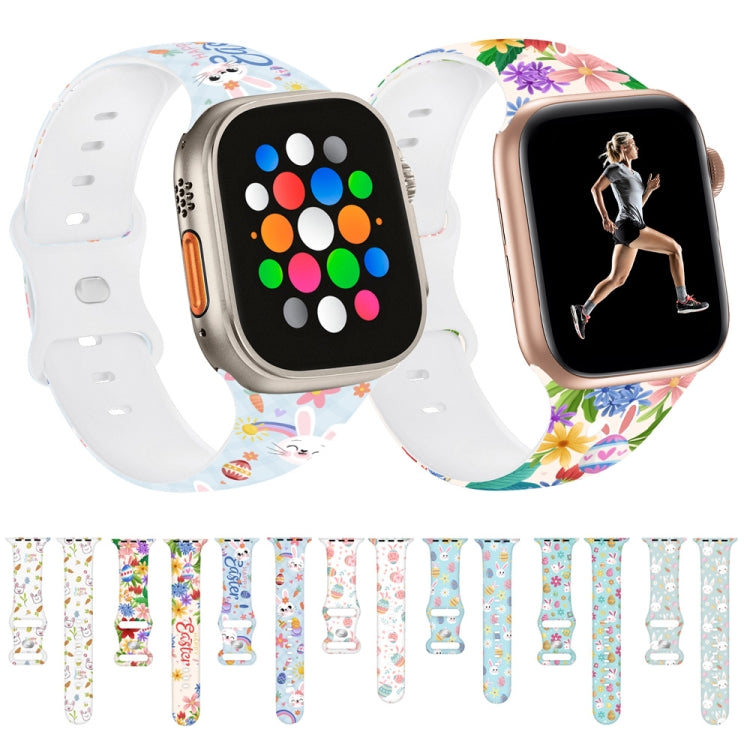 For Apple Watch Series 7 45mm Butterfly Buckle Easter Printed Silicone Watch Band(Easter Eggs White) by bashfashion