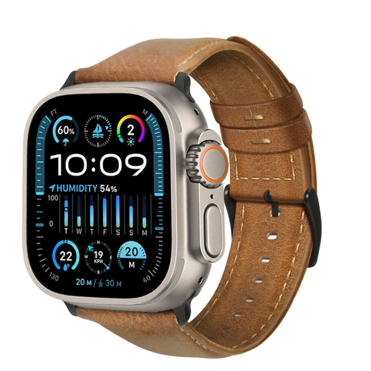 For Apple Watch Ultra 49mm Oil Wax Genuine Leather Watch Band(Yellow Brown) by bashfashion
