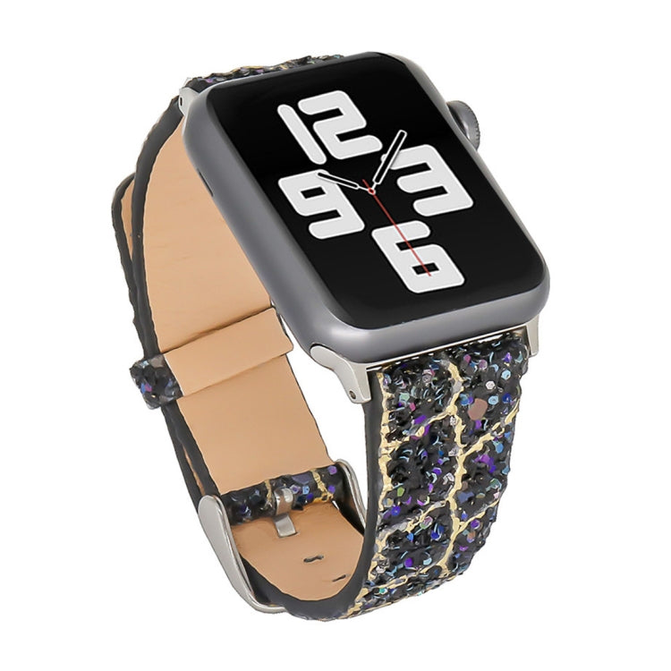For Apple Watch 5 & 4 44mm / 3 & 2 & 1 42mm Glitter Sequins Leather Watch Band(Black Gold) by bashfashion