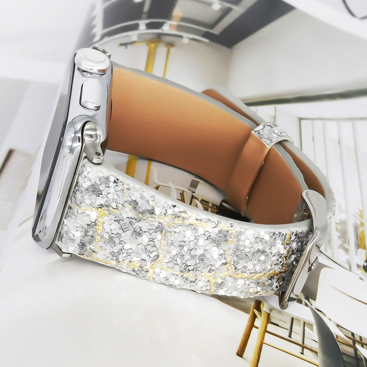 For Apple Watch 5 & 4 44mm / 3 & 2 & 1 42mm Glitter Sequins Leather Watch Band(Gold Silver) by bashfashion