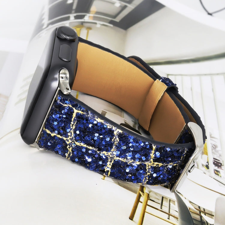 For Apple Watch 5 & 4 44mm / 3 & 2 & 1 42mm Glitter Sequins Leather Watch Band(Blue Gold) by bashfashion