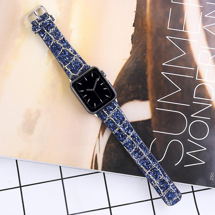 For Apple Watch 5 & 4 44mm / 3 & 2 & 1 42mm Glitter Sequins Leather Watch Band(Blue Gold) by bashfashion