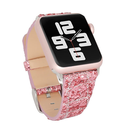 For Apple Watch Series 7 41mm / 6 & SE & 5 & 4 40mm / 3 & 2 & 1 38mm Glitter Sequins Leather Watch Band(Pink Silver) by bashfashion