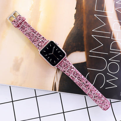For Apple Watch Series 7 41mm / 6 & SE & 5 & 4 40mm / 3 & 2 & 1 38mm Glitter Sequins Leather Watch Band(Pink Silver) by bashfashion