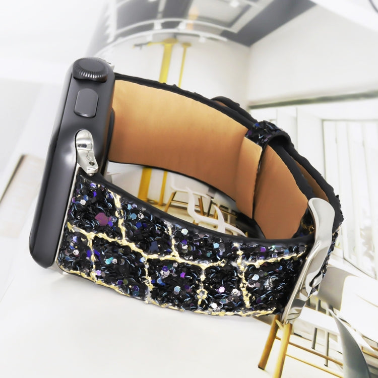 For Apple Watch Series 7 41mm / 6 & SE & 5 & 4 40mm / 3 & 2 & 1 38mm Glitter Sequins Leather Watch Band(Black Gold) by bashfashion