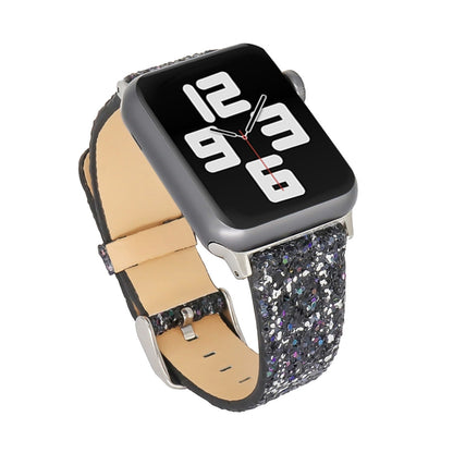 For Apple Watch Series 7 41mm / 6 & SE & 5 & 4 40mm / 3 & 2 & 1 38mm Glitter Sequins Leather Watch Band(Black Silver) by bashfashion