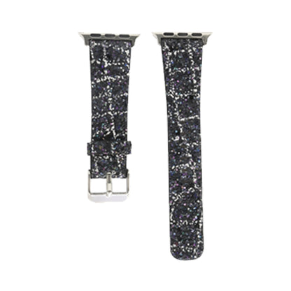For Apple Watch Series 7 41mm / 6 & SE & 5 & 4 40mm / 3 & 2 & 1 38mm Glitter Sequins Leather Watch Band(Black Silver) by bashfashion
