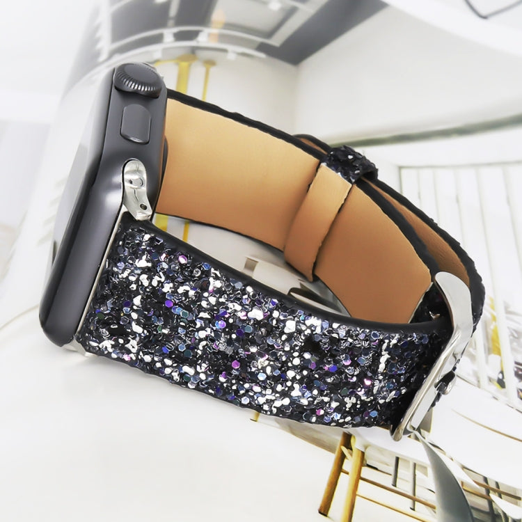 For Apple Watch Series 7 41mm / 6 & SE & 5 & 4 40mm / 3 & 2 & 1 38mm Glitter Sequins Leather Watch Band(Black Silver) by bashfashion