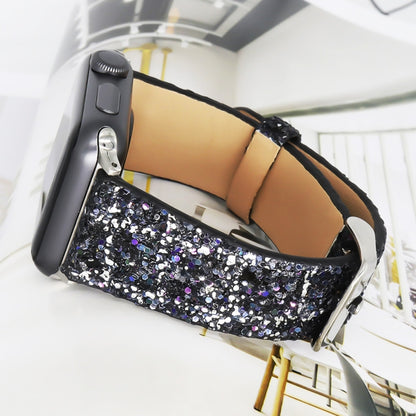 For Apple Watch Series 7 41mm / 6 & SE & 5 & 4 40mm / 3 & 2 & 1 38mm Glitter Sequins Leather Watch Band(Black Silver) by bashfashion