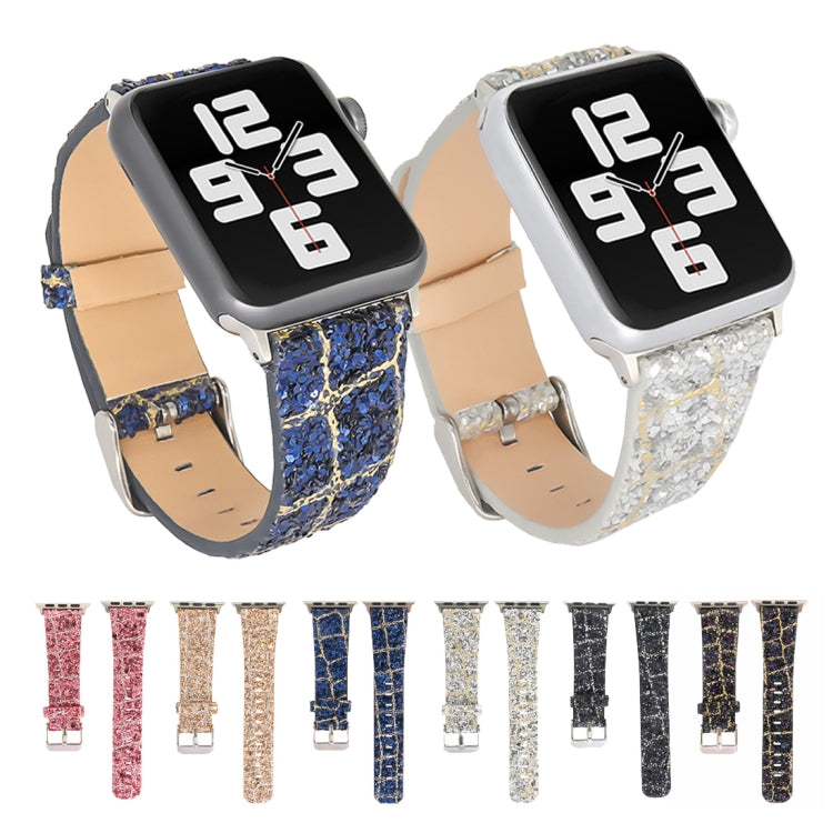 For Apple Watch Series 7 41mm / 6 & SE & 5 & 4 40mm / 3 & 2 & 1 38mm Glitter Sequins Leather Watch Band(Black Silver) by bashfashion