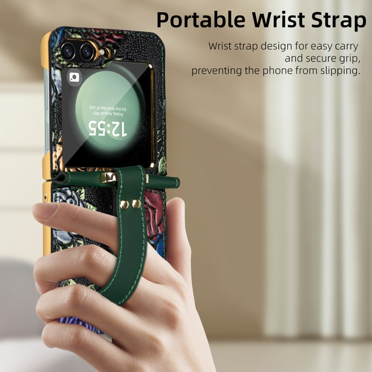 For Samsung Galaxy Z Flip5 VIETAO Integrated Embossed Pattern Full Coverage Phone Case with Wrist Strap(Brown) by VIETAO