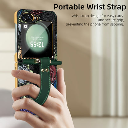 For Samsung Galaxy Z Flip5 VIETAO Integrated Embossed Pattern Full Coverage Phone Case with Wrist Strap(Brown) by VIETAO