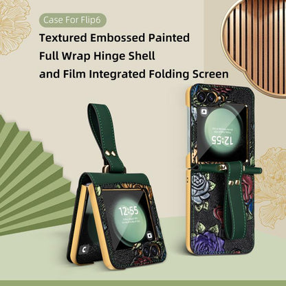 For Samsung Galaxy Z Flip6 VIETAO Integrated Embossed Pattern Full Coverage Phone Case with Wrist Strap(Black) by VIETAO