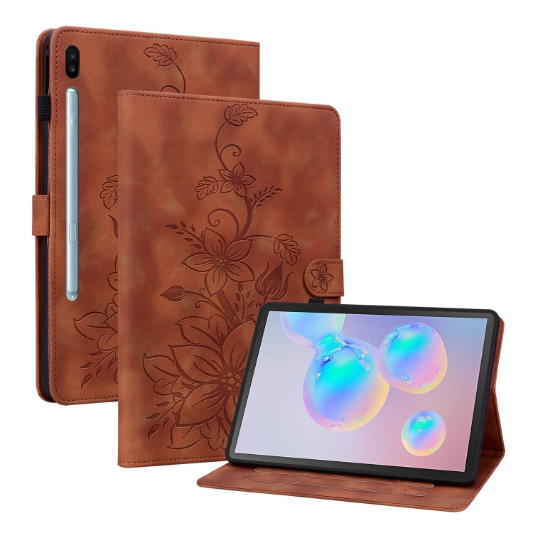 For Samsung Galaxy Tab S6 SM-T860 / SM-T865 Lily Embossed Leather Tablet Case with Pen(Brown) by bashfashion