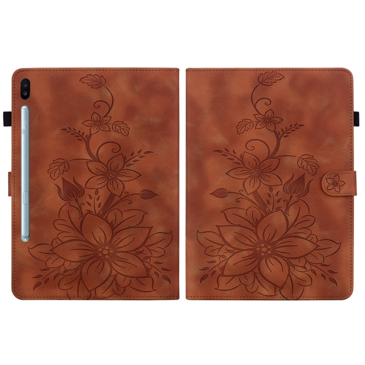 For Samsung Galaxy Tab S6 SM-T860 / SM-T865 Lily Embossed Leather Tablet Case with Pen(Brown) by bashfashion