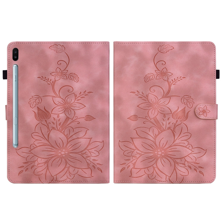 For Samsung Galaxy Tab S6 SM-T860 / SM-T865 Lily Embossed Leather Tablet Case with Pen(Pink) by bashfashion