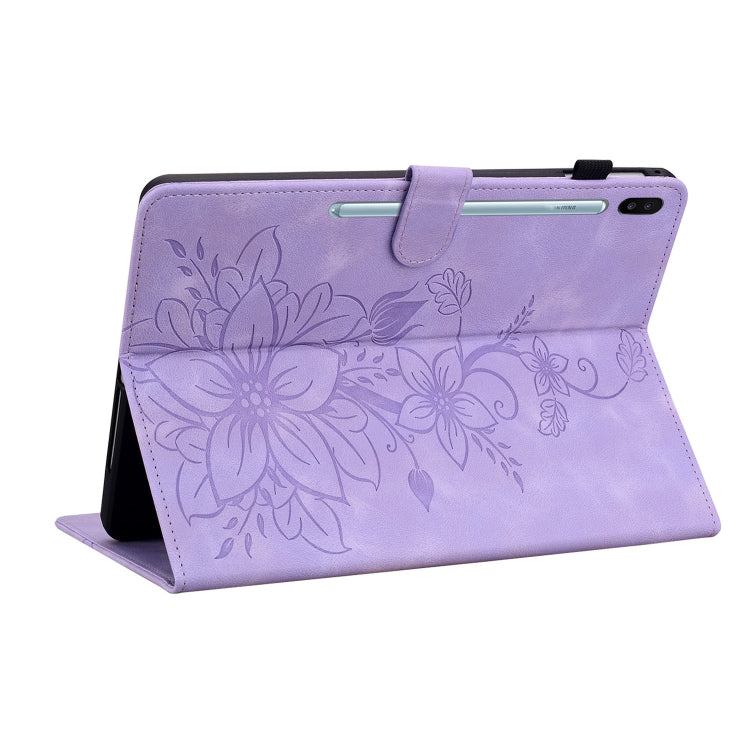 For Samsung Galaxy Tab S6 SM-T860 / SM-T865 Lily Embossed Leather Tablet Case with Pen(Purple) by bashfashion
