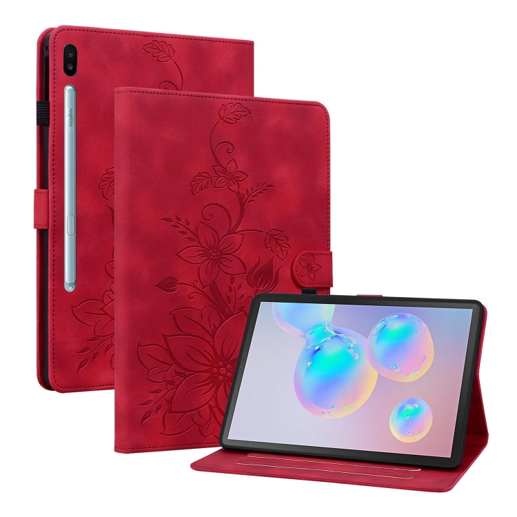 For Samsung Galaxy Tab S6 SM-T860 / SM-T865 Lily Embossed Leather Tablet Case with Pen(Red) by bashfashion