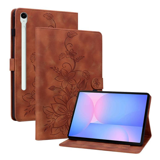 For Samsung Galaxy Tab S10 FE+ Lily Embossed Leather Tablet Case with Pen(Brown) by bashfashion