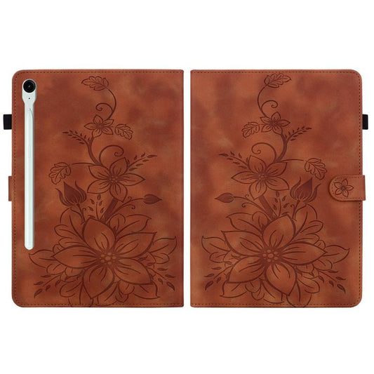 For Samsung Galaxy Tab S10 FE+ Lily Embossed Leather Tablet Case with Pen(Brown) by bashfashion