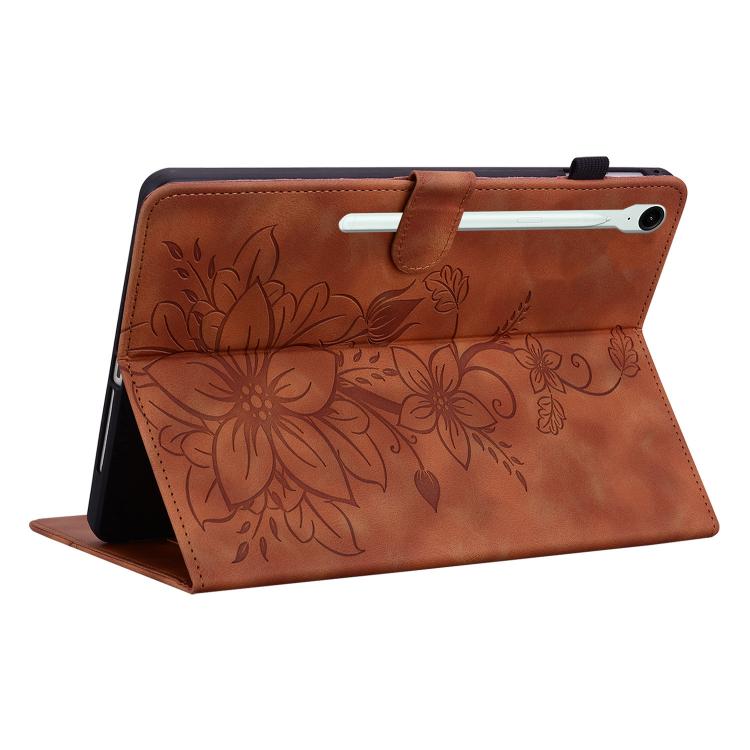 For Samsung Galaxy Tab S10 FE+ Lily Embossed Leather Tablet Case with Pen(Brown) by bashfashion