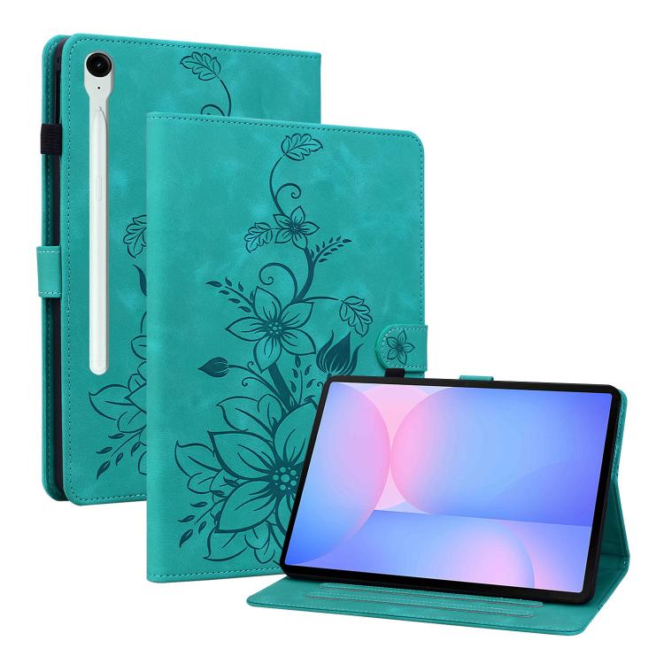 For Samsung Galaxy Tab S10 FE+ Lily Embossed Leather Tablet Case with Pen(Green) by bashfashion