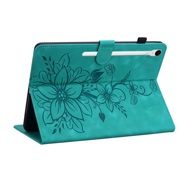 For Samsung Galaxy Tab S10 FE+ Lily Embossed Leather Tablet Case with Pen(Green) by bashfashion