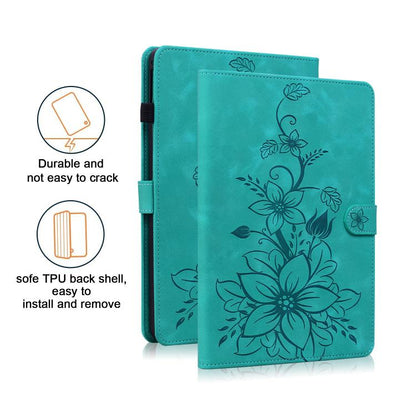For Samsung Galaxy Tab S10 FE+ Lily Embossed Leather Tablet Case with Pen(Green) by bashfashion
