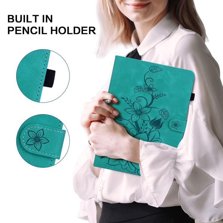 For Samsung Galaxy Tab S10 FE+ Lily Embossed Leather Tablet Case with Pen(Green) by bashfashion
