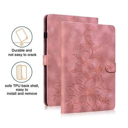 For Samsung Galaxy Tab S10 FE+ Lily Embossed Leather Tablet Case with Pen(Pink) by bashfashion