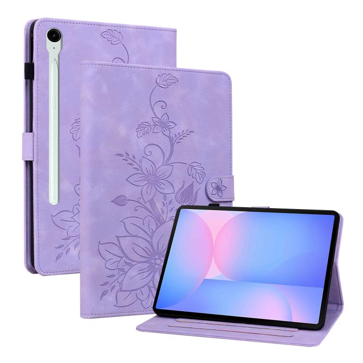 For Samsung Galaxy Tab S10 FE+ Lily Embossed Leather Tablet Case with Pen(Purple) by bashfashion